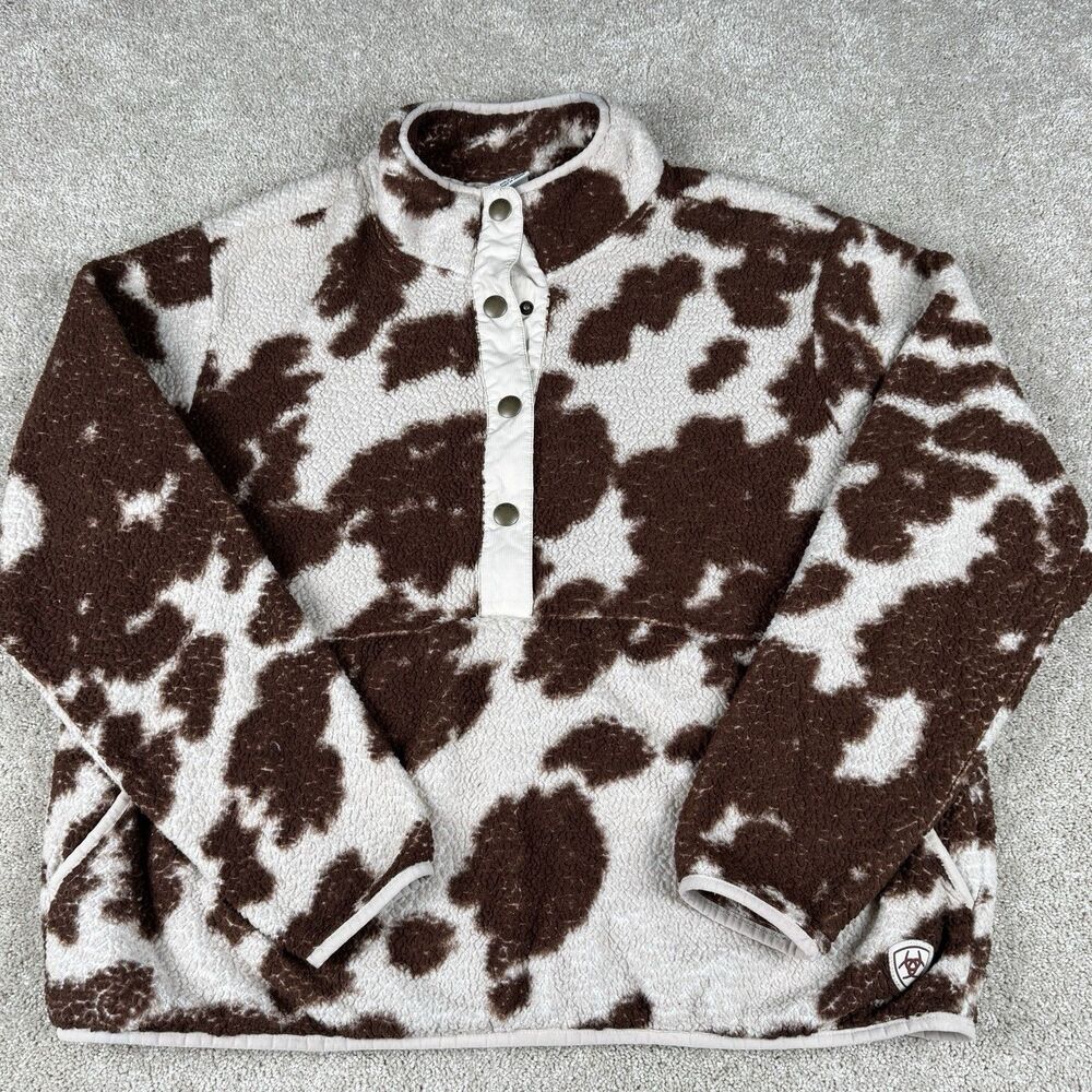 Ariat REAL Womens Cow Print Fleece XXL Berber 1/2 Snap Front Chestnut Fleece 2XL - Picture 1 of 11